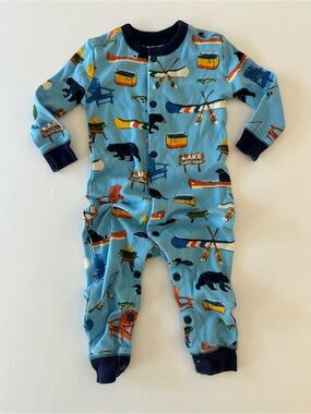 Hatley Little Blue House Camping Print Footie With Snaps 6-12M 100% Cotton